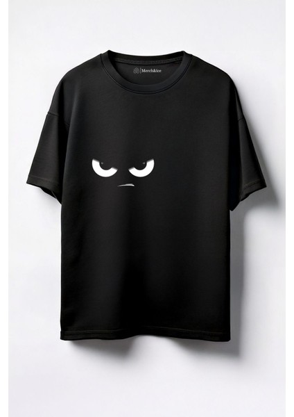 Sinirli Gözler Baskılı Unisex Oversize T-Shirt Siyah