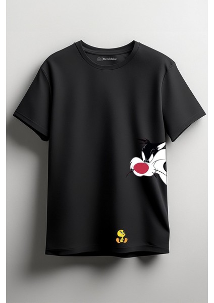Tweety Sylvester Birlikte Baskılı Unisex T-Shirt Siyah