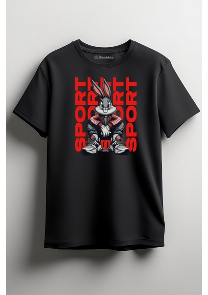 Sport Bugs Bunny Baskılı Unisex T-Shirt Siyah