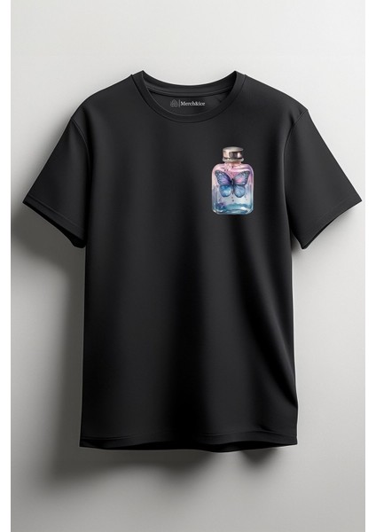 Şişe Içindeki Mavi Kelebek Baskılı Unisex T-Shirt Siyah