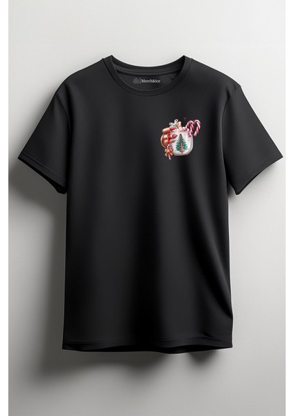 Yılbaşı Ağacı ve Kırmızı Baston Şekerli Kupa Baskılı Unisex T-Shirt Siyah