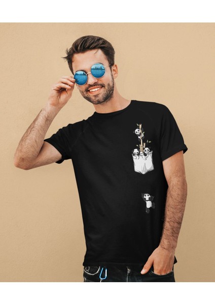 Düşen Panda Önü Baskılı Unisex Tişört Siyah