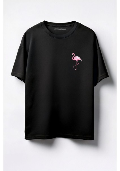 Flamingo Göğüs Baskılı Unisex Oversize T-Shirt Siyah