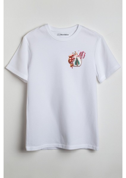 Yılbaşı Ağacı ve Kırmızı Baston Şekerli Kupa Baskılı Unisex T-Shirt Beyaz