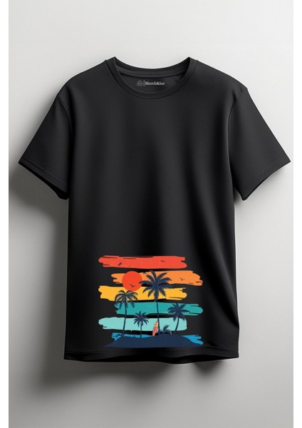 Renkli Tatil Baskılı Unisex T-Shirt Siyah