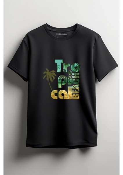 Tropical Beach Baskılı Unisex T-Shirt Siyah