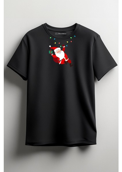 Christmas Işıklı Noel Baba Yılbaşı Unisex T-Shirt Siyah