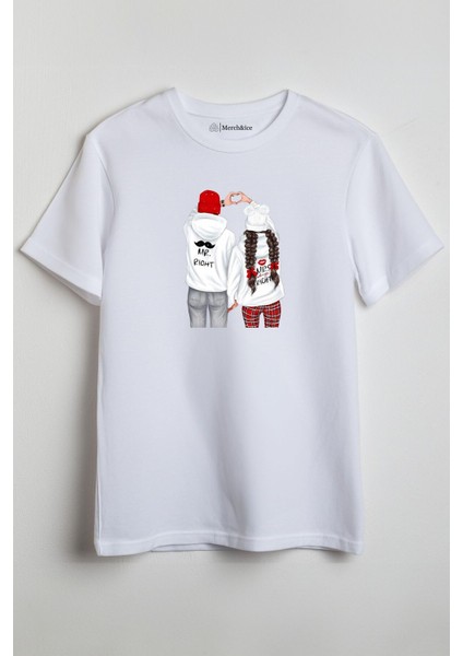 Mr. Right ve Mrs. Always Right Baskılı Sevgililer Günü Unisex T-Shirt Beyaz