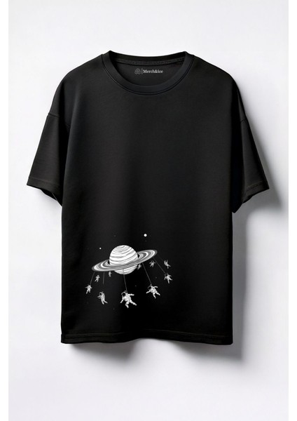 Jupiterdeki Astronotlar Baskılı Unisex Oversize T-Shirt Siyah