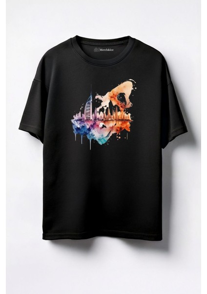 Renkli Dubai Baskılı Unisex Oversize T-Shirt Siyah