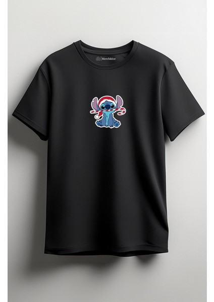 Stitch Baston Şekerli Şapkalı Yılbaşı Baskılı Unisex T-Shirt Siyah