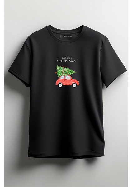 Merry Christmas Araba ve Noel Ağacı Yılbaşı Baskılı Unisex T-Shirt Siyah