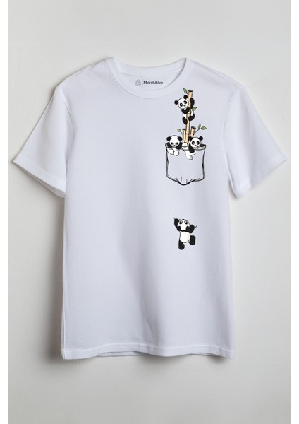 Düşen Panda Önü Baskılı Unisex Tişört Beyaz