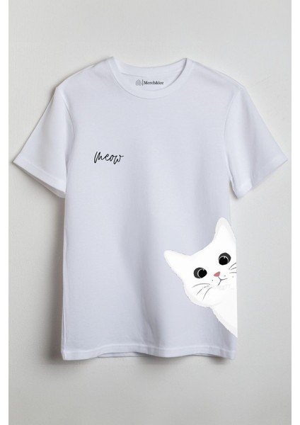 Beyaz Kedi Meow Baskılı Unisex T-Shirt Beyaz
