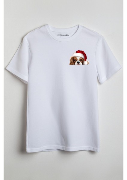 Yılbaşı Şapkalı Köpek Baskılı Unisex T-Shirt Beyaz