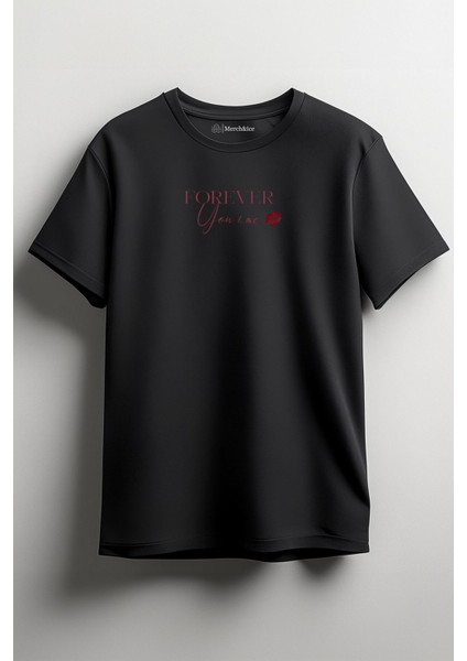 Forever You & Me Baskılı Sevgililer Günü Unisex T-Shirt Siyah
