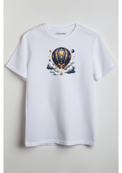 Mavi Uçan Sıcak Hava Balonu ve Bulutlar Baskılı Unisex T-Shirt Beyaz