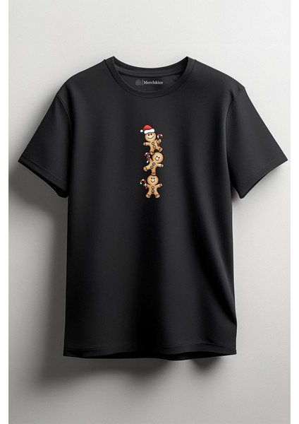 3 Lü Kurabiye Işıklı Yılbaşı Unisex T-Shirt Siyah