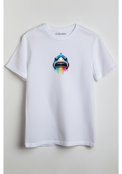 Renkli Köpek Balığı Baskılı Unisex T-Shirt Beyaz
