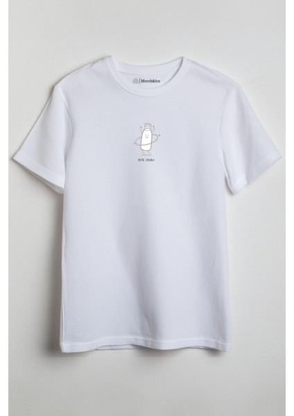 Milkshake Önü Baskılı Unisex Tişört Beyaz