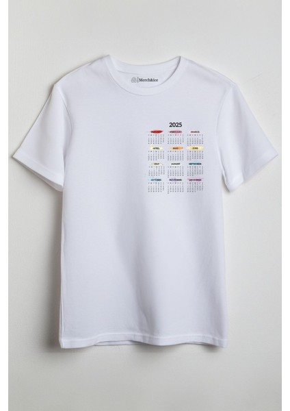 2025 Yıllık Takvim Yılbaşı Unisex T-Shirt Beyaz