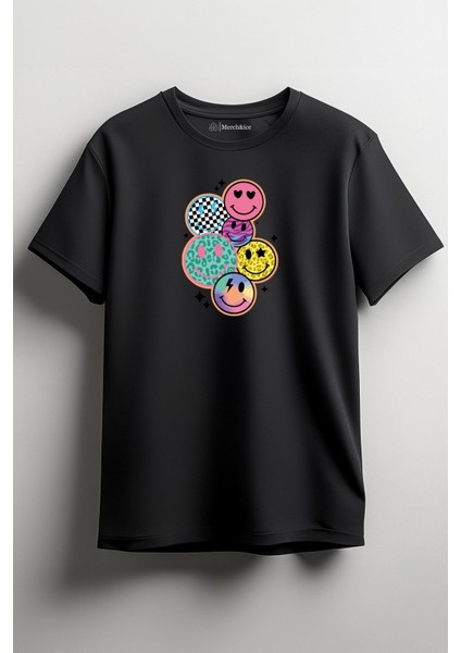 Smile Faces Baskılı Unisex T-Shirt Siyah