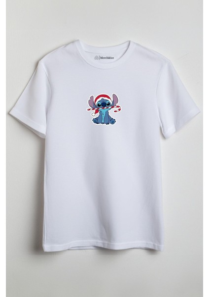 Stitch Baston Şekerli Şapkalı Yılbaşı Baskılı Unisex T-Shirt Beyaz