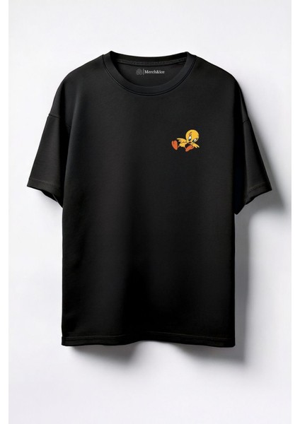 Tweety Göğüs Baskılı Unisex Oversize T-Shirt Siyah