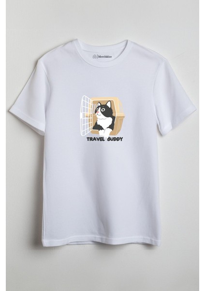 Cat Cup Önü Baskılı Unisex Tişört Beyaz