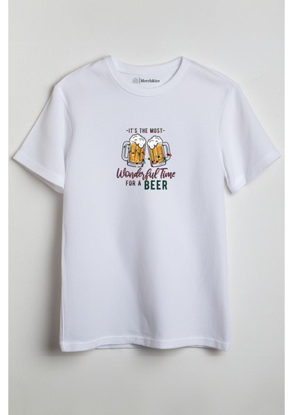 Wonderful Time For Beer Yılbaşı Baskılı Unisex T-Shirt Beyaz