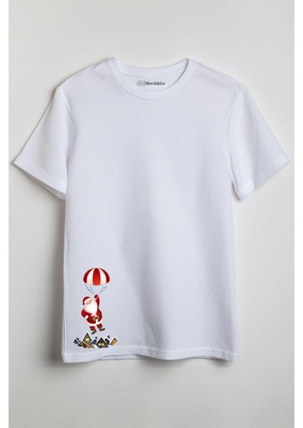 Paraşütlü Noel Baba Yılbaşı Baskılı Unisex T-Shirt Beyaz
