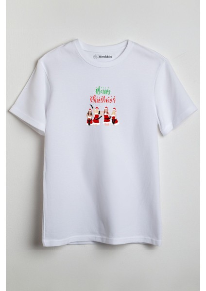 Merry Christmas Girls Kızları Yılbaşı Baskılı Unisex T-Shirt Beyaz