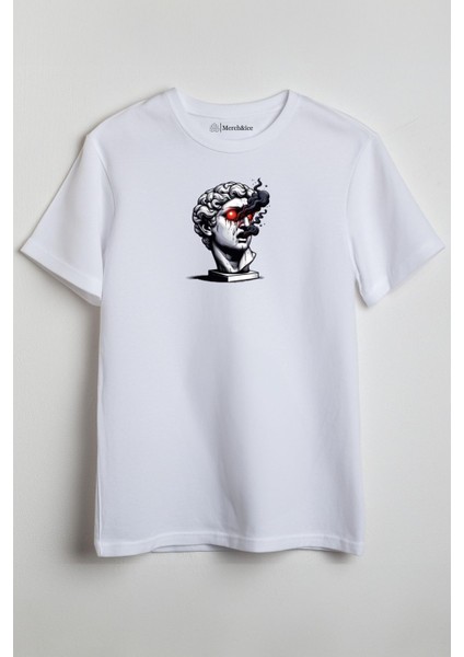 Kırmızı Gözlü Sanat Eseri Baskılı Unisex T-Shirt Beyaz