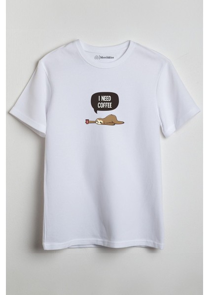 Tembel Hayvan Önü Baskılı Unisex Tişört - I Need Coffee Beyaz