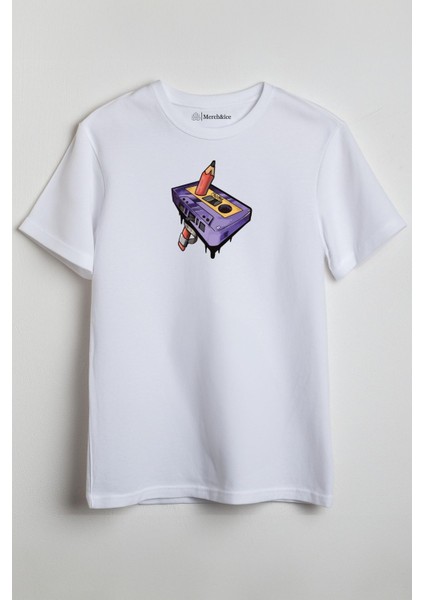 Kaset Kalemli Baskılı Unisex T-Shirt Beyaz