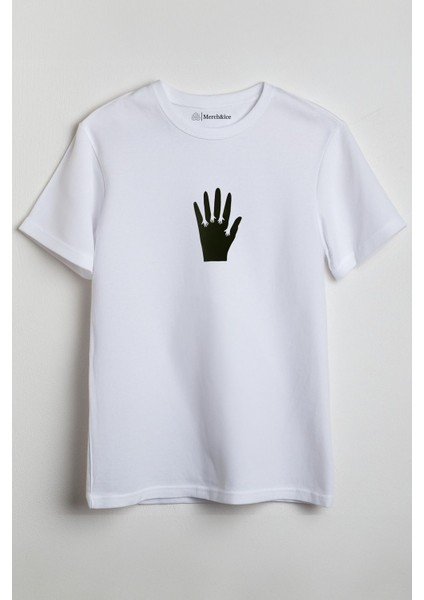 Beşparmak Önü Baskılı Unisex Tişört Beyaz
