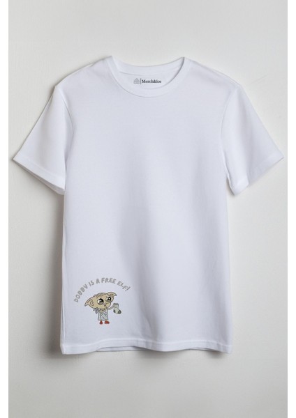 Dobby Önü Baskılı Unisex Tişört - Dobby Is A Free Elf Beyaz