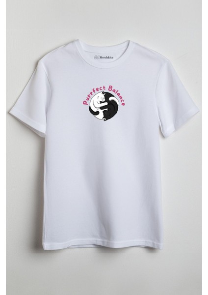 Ying Yang Cats Önü Baskılı Unisex Tişört Beyaz