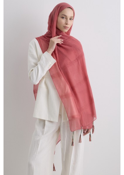 Püsküllü %50 Pamuk Brice Şal - Yavruağzı