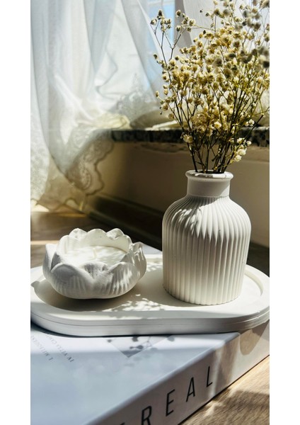 Beyaz Kokulu Mumlu Lotus Bohem Beton Dekoratif Set (3 Parça)