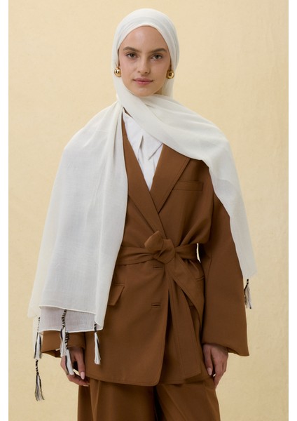 Püsküllü %50 Pamuk Brice Şal - Beyaz
