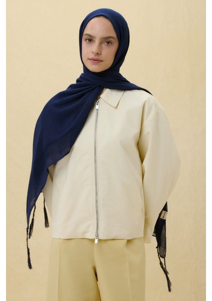 Püsküllü %50 Pamuk Brice Şal - Lacivert