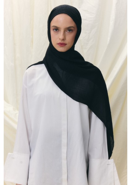 Püsküllü %50 Pamuk Brice Şal - Siyah