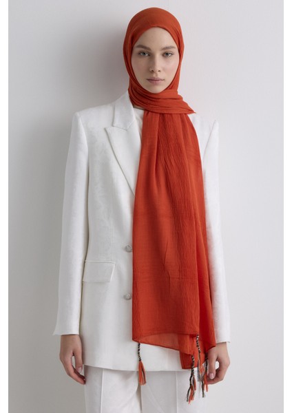 Püsküllü %50 Pamuk Brice Şal - Kırmızı Turuncu