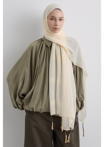 Püsküllü %50 Pamuk Brice Şal - Krem
