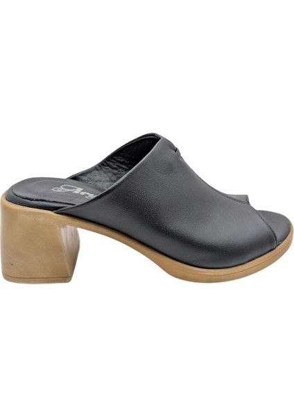 Amarella | Kadın Hakiki Deri Topuklu Terlik - Siyah - 39