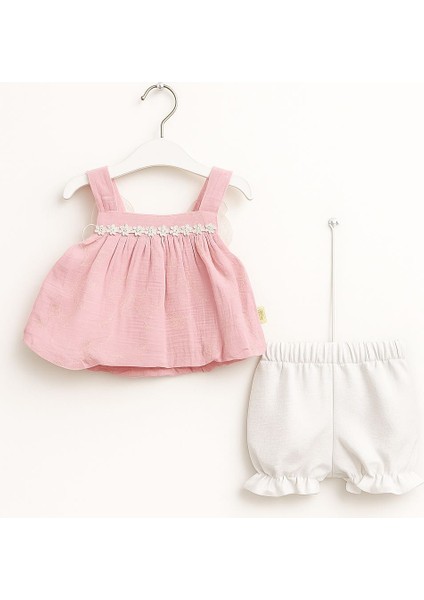 Melek Fiyonk Kız Bebek Yazlık Şıklık Takımı – Pembe & Beyaz 2’li Alt Üst Takım