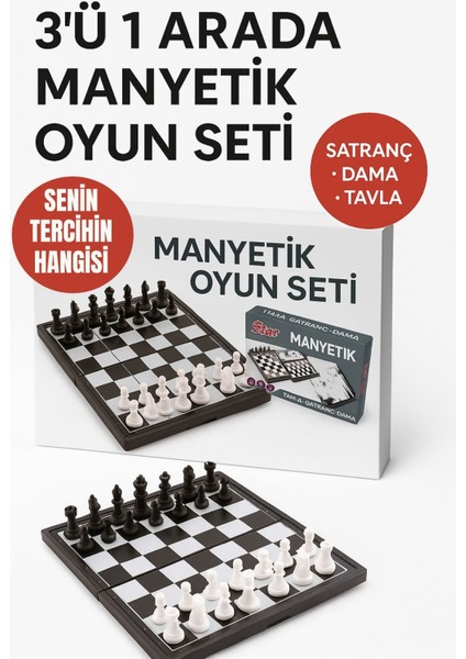 Katlanabilir Manyetik Zeka Oyunu Seti – 3'lü Kombin (Satranç + Dama + Tavla)