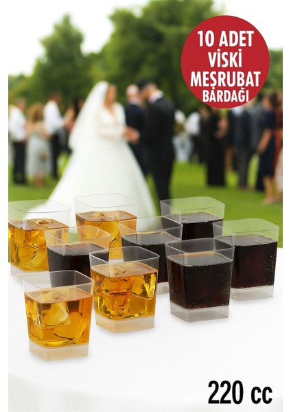 10'lu Set Viski, Meşrubat Kare Plastik Bardak – 220 cc