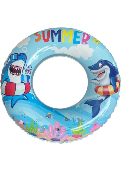 Renkli Köpekbalığı Desenli Şişme Yüzme Simidi, 80CM, Deniz ve Havuz Kullanımı
